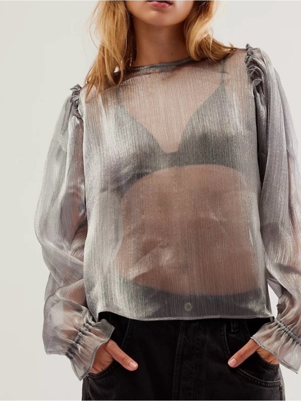 Free People Freya Silver Sheer Ruffled Long-Sleeve Top